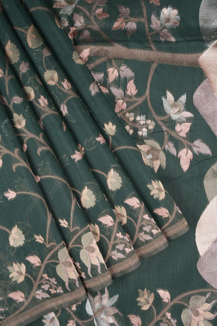 Basil Green Tussar Saree with Silver Zari Floral Patterns view 1