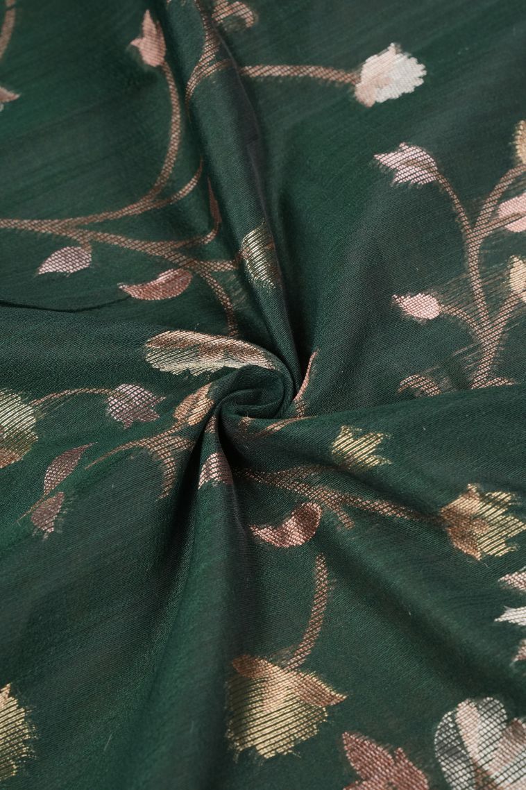 Basil Green Tussar Saree with Silver Zari Floral Patterns view 4