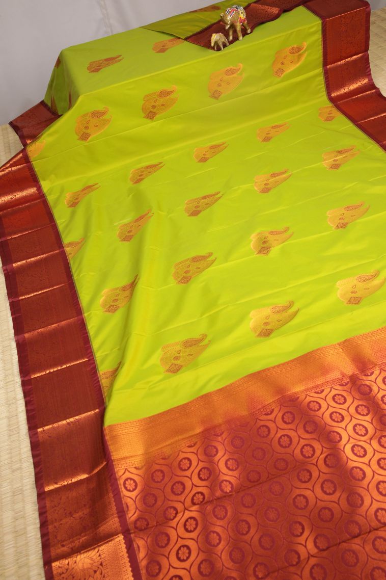 Lime Green Visiri Madippu Silk Sarees with Copper Zari Buttis (small Dots Or Motifs) view 2
