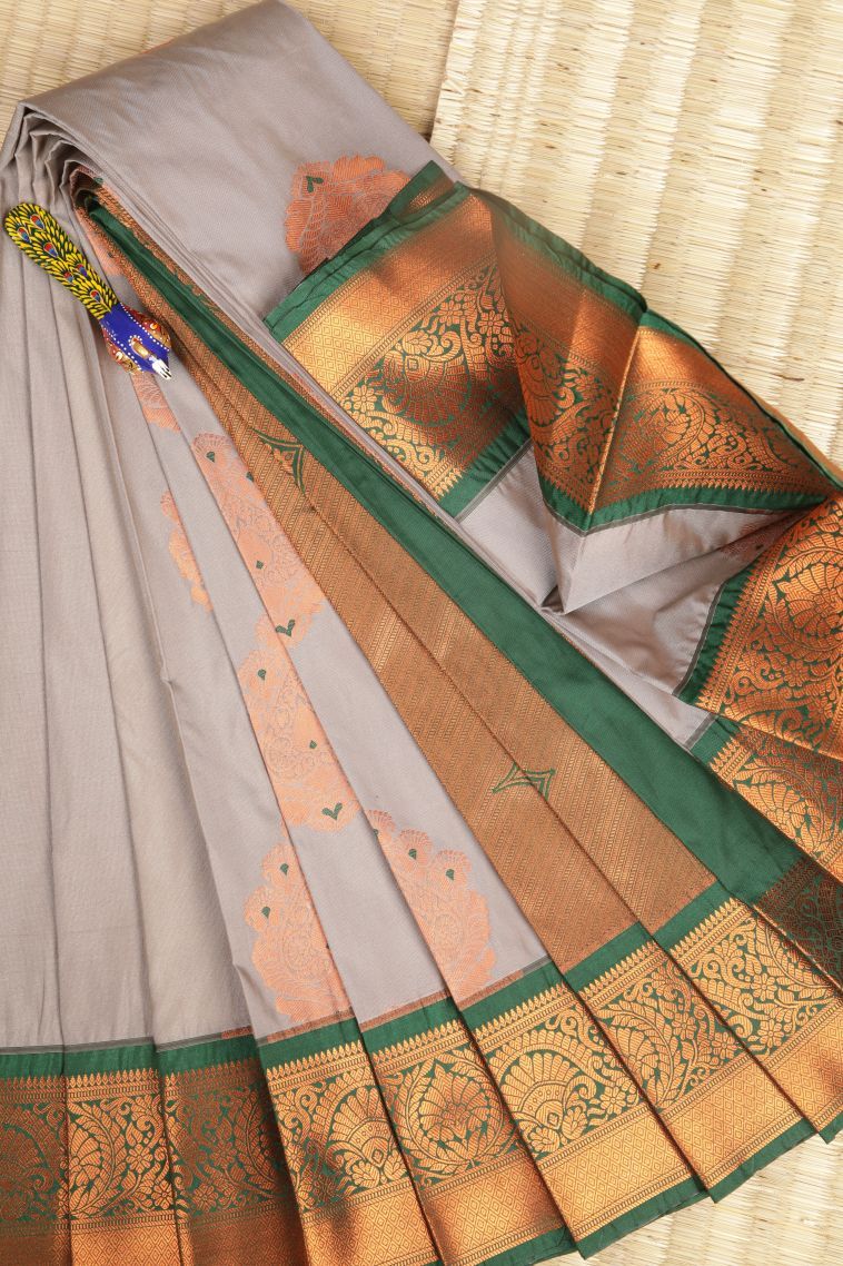 Gray Black Visiri Madippu Silk Sarees with Copper Zari Buttis (small Dots Or Motifs) view 1