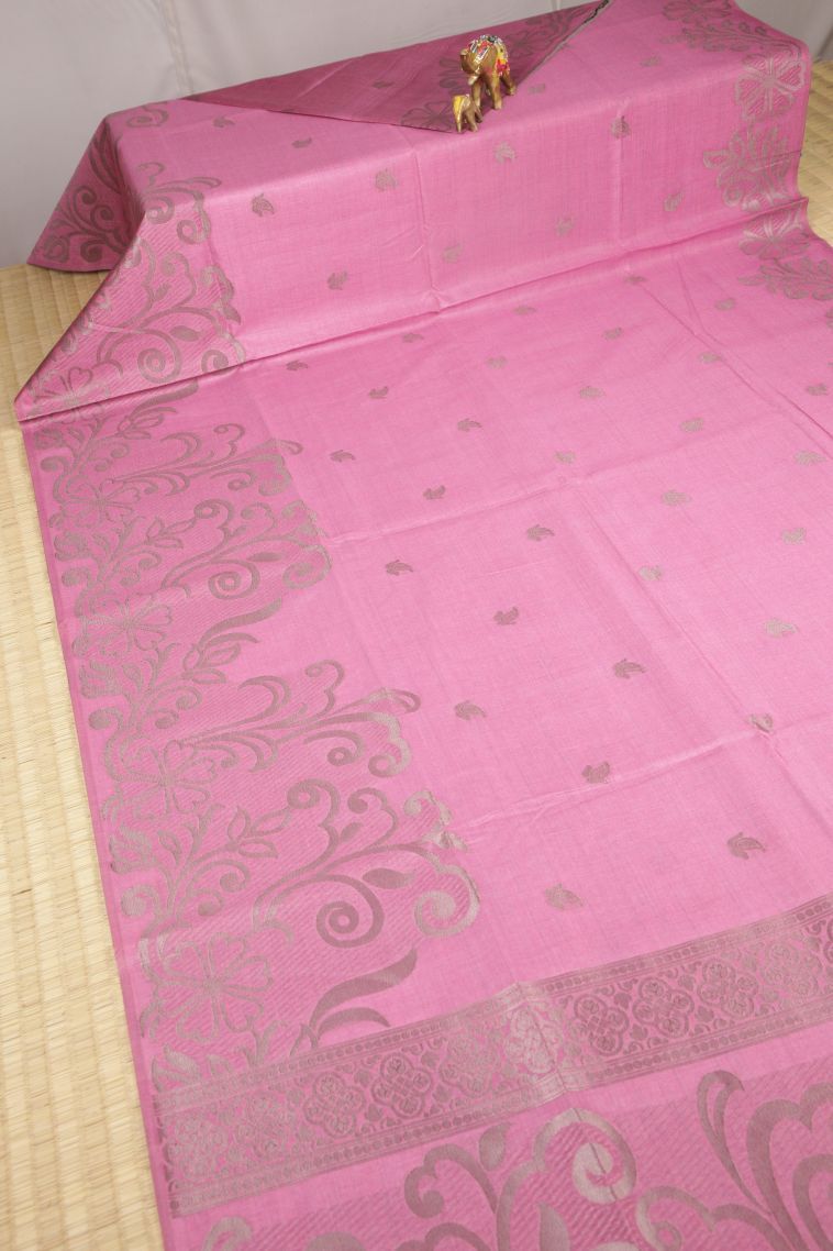 Ballet Pink Tussar Saree with Bronze Zari Buttis (small Dots Or Motifs) view 2