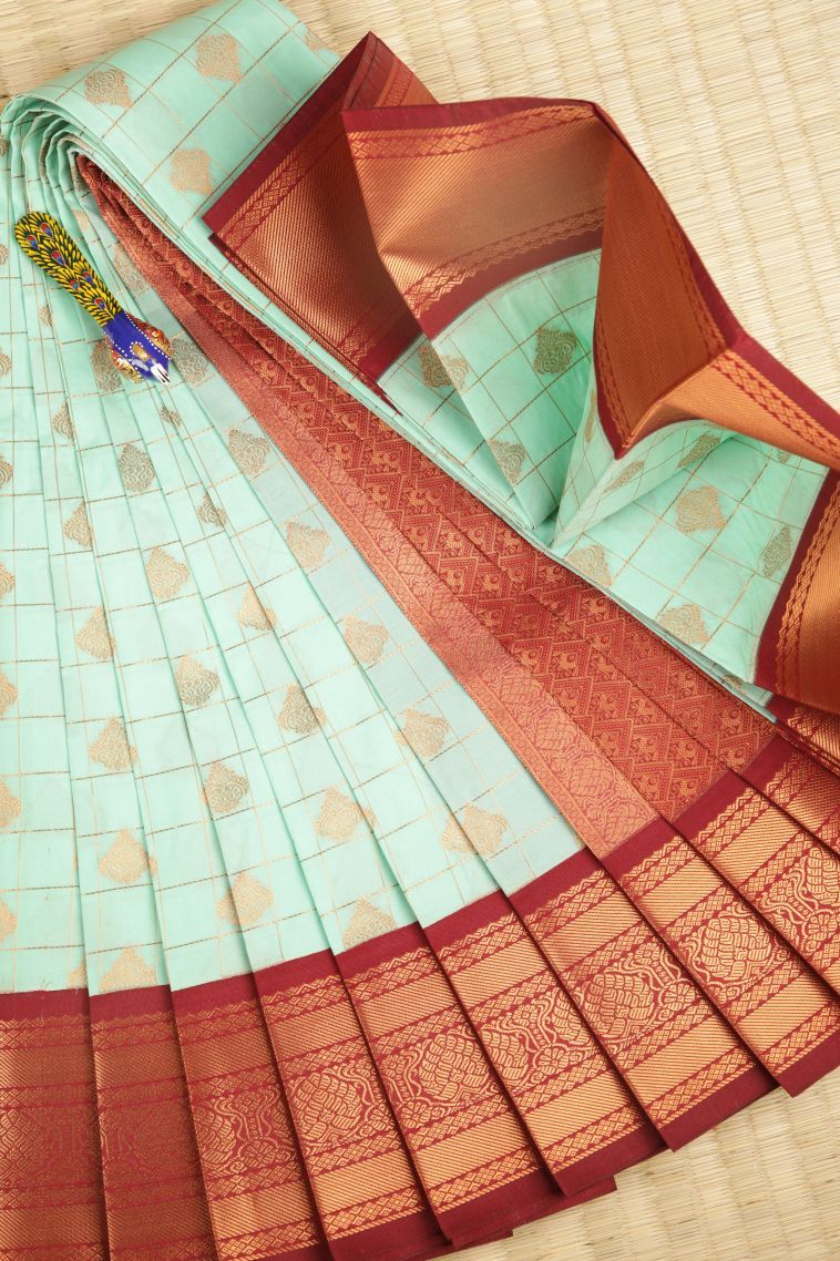 Admiral Blue Visiri Madippu Silk Sarees with Copper Zari Checks view 1