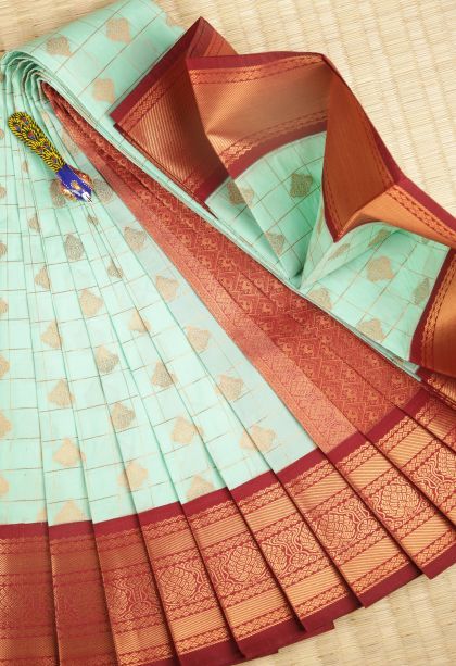 Admiral Blue Visiri Madippu Silk Sarees with Copper Zari Checks