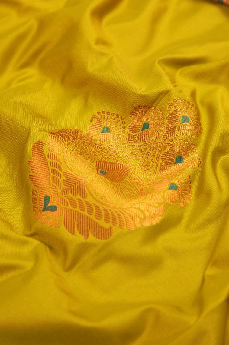 Lime Green Visiri Madippu Silk Sarees with Copper Zari Buttis (small Dots Or Motifs) view 4