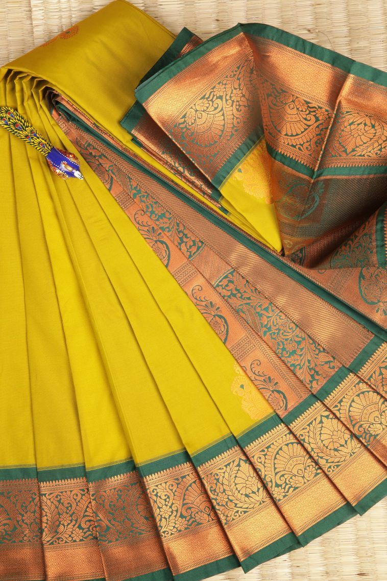 Lime Green Visiri Madippu Silk Sarees with Copper Zari Buttis (small Dots Or Motifs) view 1