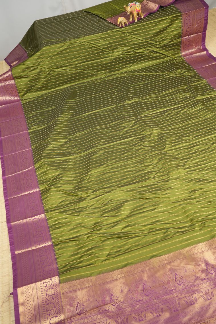 Basil Green Visiri Madippu Silk Sarees with Copper Zari Stripes view 2
