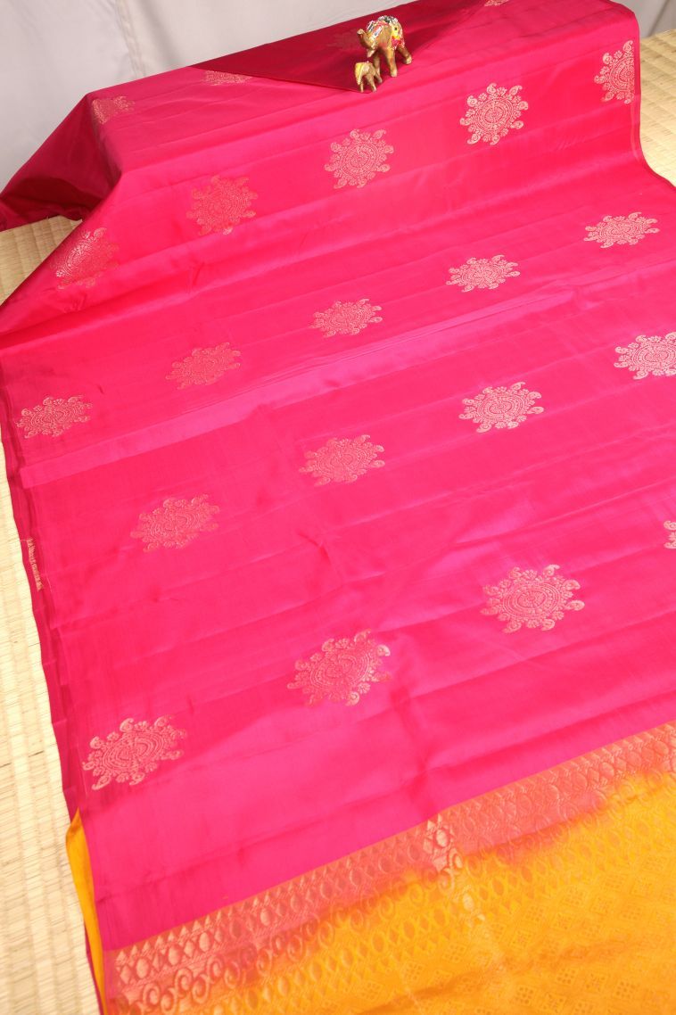 Hot Pink Soft Silk Saree with Copper Zari Buttis (small Dots Or Motifs) view 2