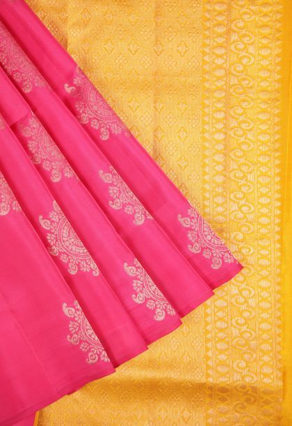 Hot Pink Soft Silk Saree with Copper Zari Buttis (small Dots Or Motifs)