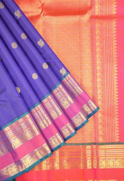 Azure Blue Kanchipuram Silk Sarees with Gold Zari Buttis (small Dots Or Motifs)