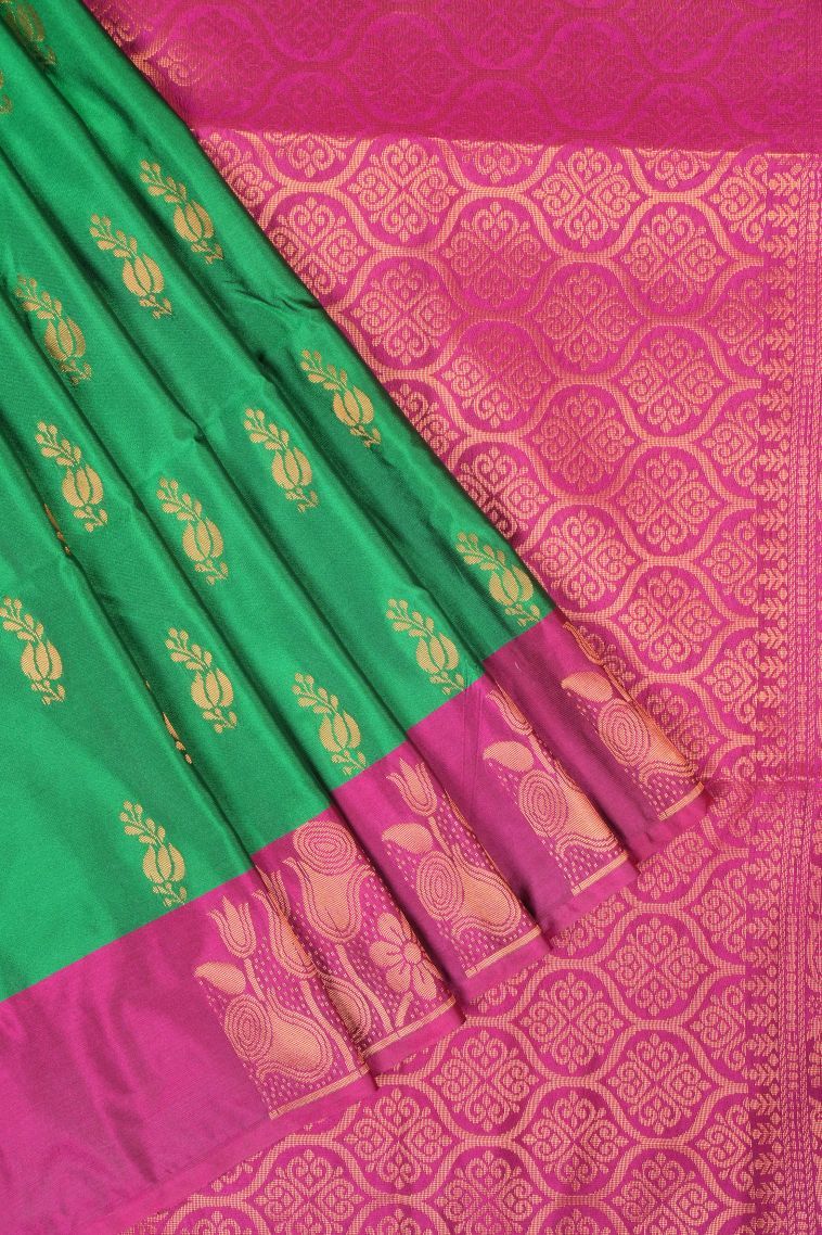 Shamrock Green Soft Silk Saree with Copper Zari Buttis (small Dots Or Motifs) view 1