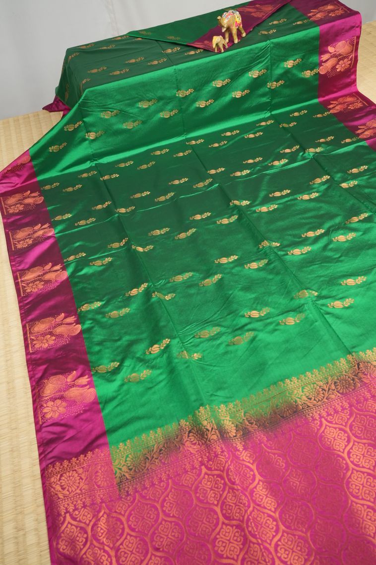 Shamrock Green Soft Silk Saree with Copper Zari Buttis (small Dots Or Motifs) view 2