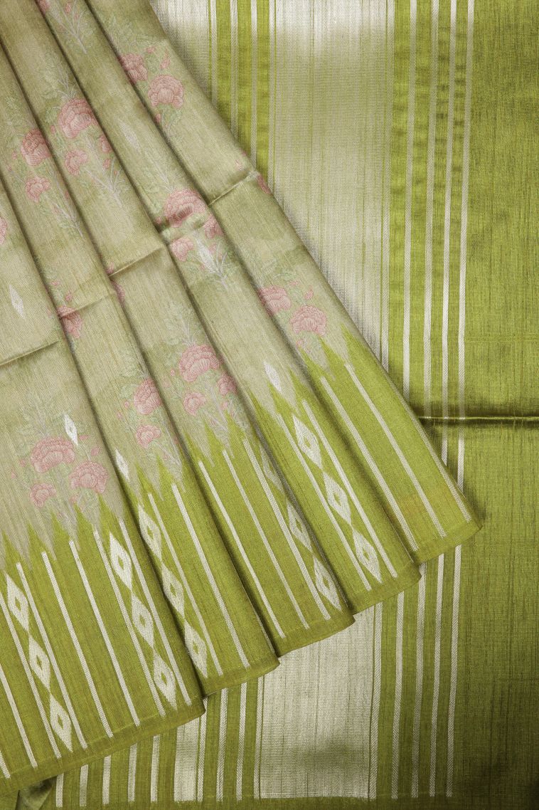 Lime Green Tussar Saree with Without Zari Zari Floral Patterns view 1