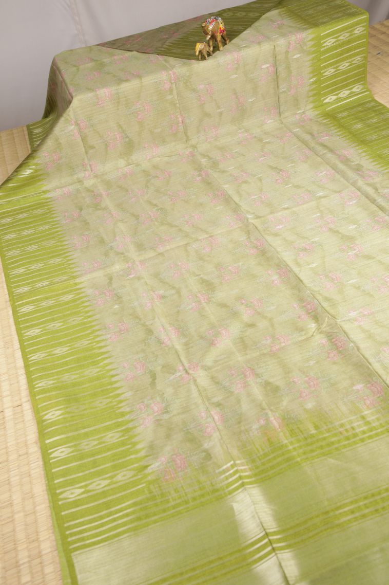 Lime Green Tussar Saree with Without Zari Zari Floral Patterns view 2