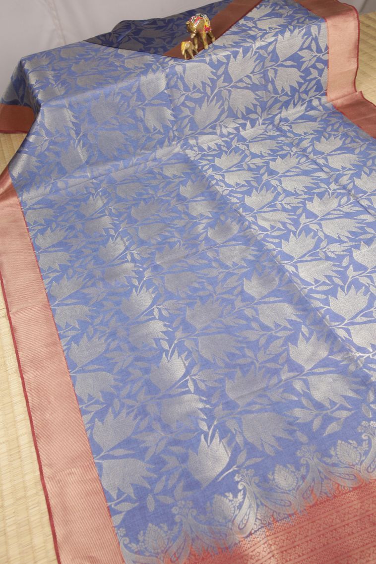 Daffane Blue Tussar Saree with Gold Zari Floral Patterns view 2