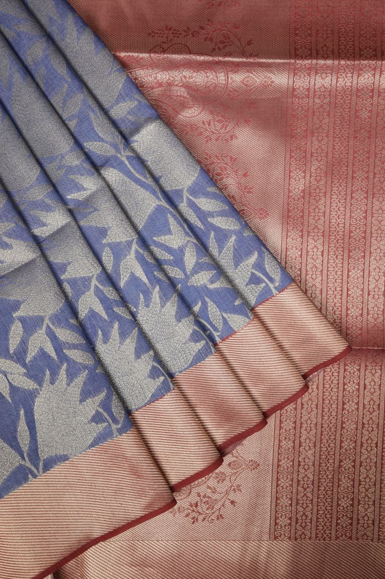 Daffane Blue Tussar Saree with Gold Zari Floral Patterns view 1