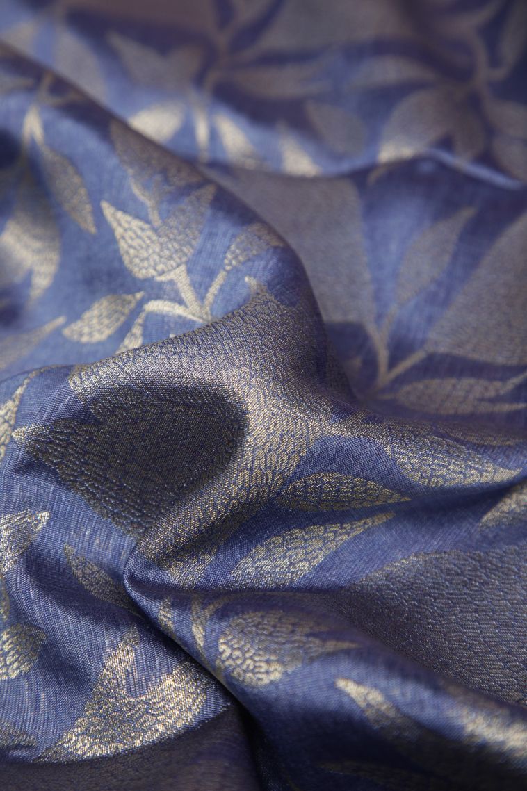 Daffane Blue Tussar Saree with Gold Zari Floral Patterns view 4