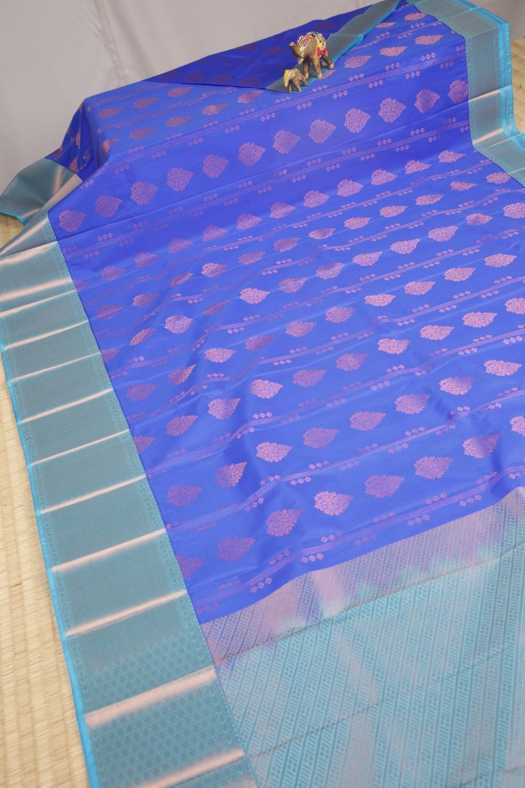 Lapis Blue Visiri Madippu Silk Sarees with Copper Zari Buttis (small Dots Or Motifs) view 2