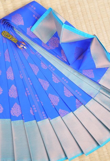 Lapis Blue Visiri Madippu Silk Sarees with Copper Zari Buttis (small Dots Or Motifs)