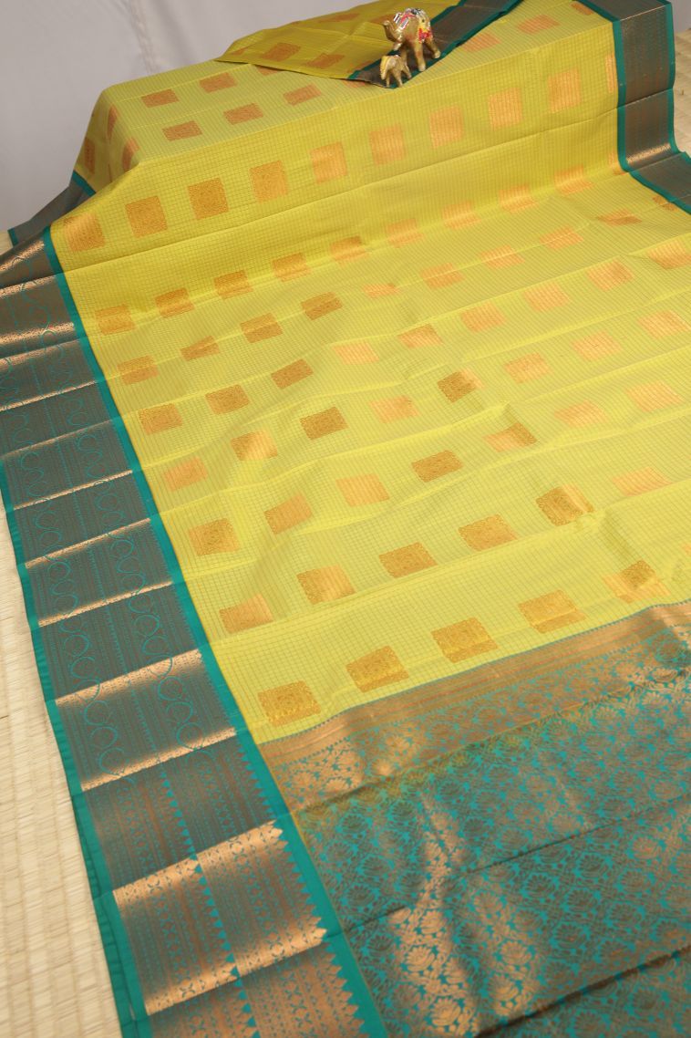 Chartreuse Green Visiri Madippu Silk Sarees with Copper Zari Checks view 2