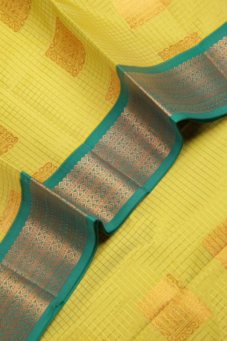 Chartreuse Green Visiri Madippu Silk Sarees with Copper Zari Checks view 4