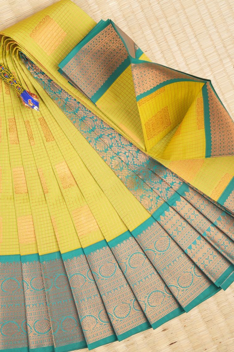 Chartreuse Green Visiri Madippu Silk Sarees with Copper Zari Checks view 1