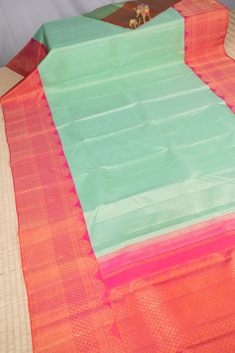 Mint Green Kanchipuram Silk Sarees with Gold Zari Stripes view 2