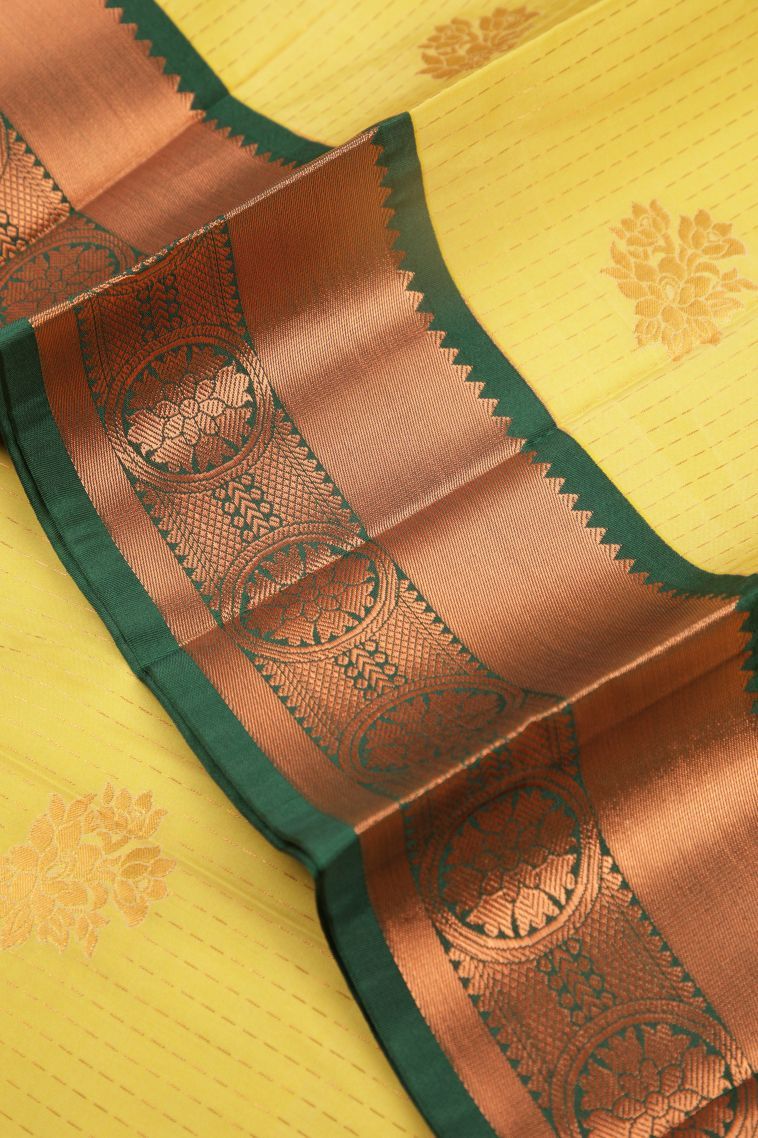 Lemon Yellow Visiri Madippu Silk Sarees with Copper Zari Stripes view 4
