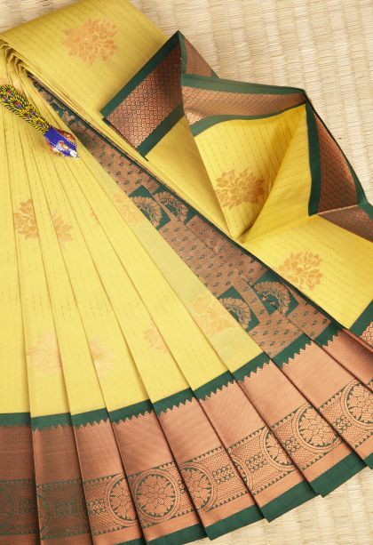Lemon Yellow Visiri Madippu Silk Sarees with Copper Zari Stripes