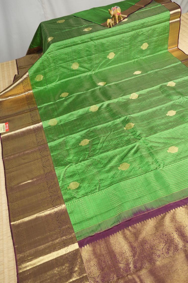 Juniper Green Kanchipuram Silk Sarees with Gold Zari Checks view 2