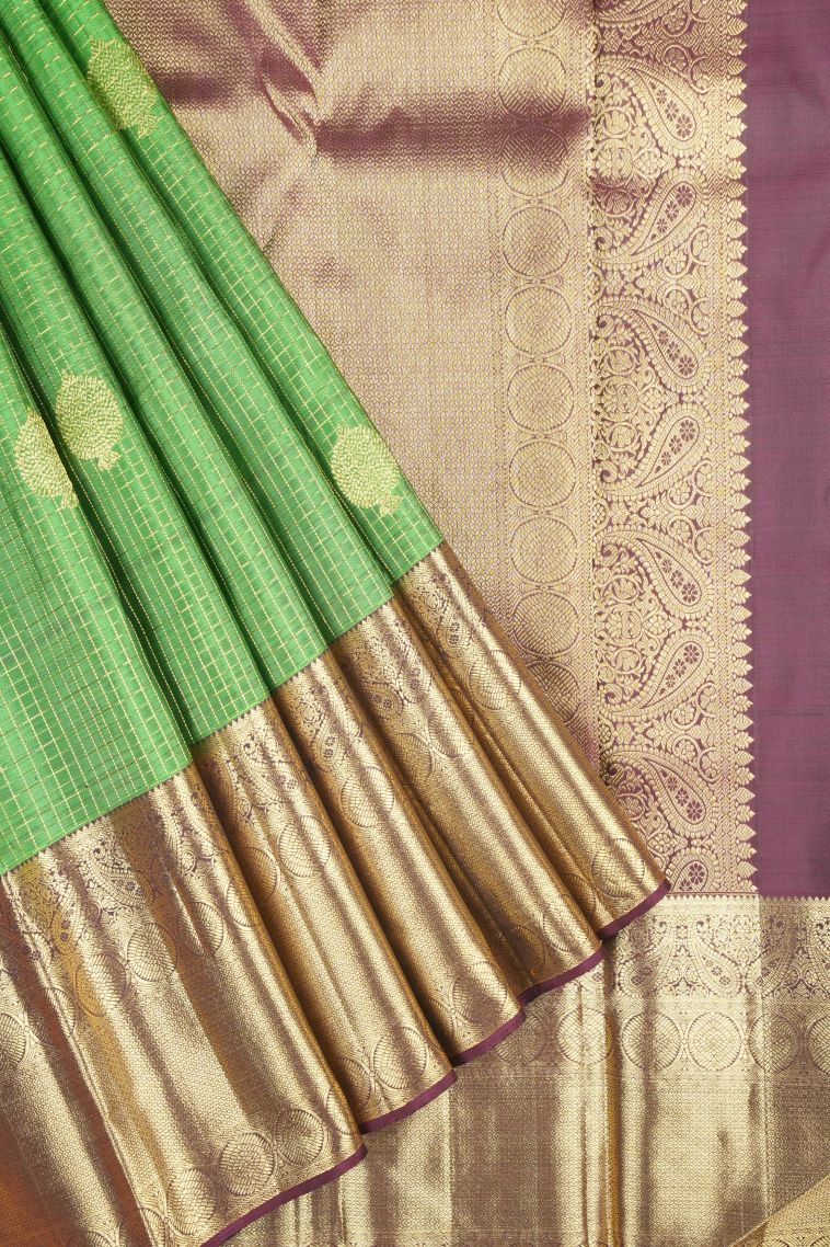 Juniper Green Kanchipuram Silk Sarees with Gold Zari Checks view 1