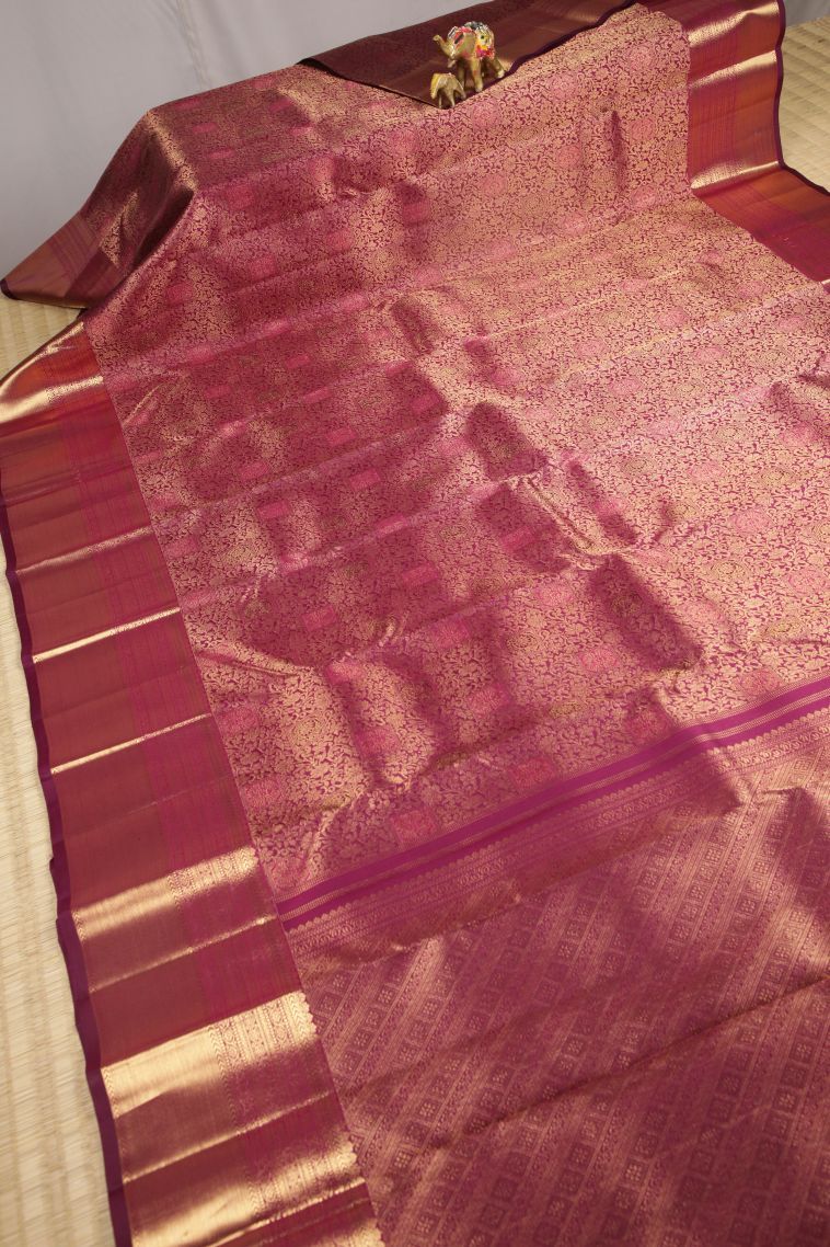 Magenta Purple Kanchipuram Silk Sarees with Gold Zari Floral Patterns view 2