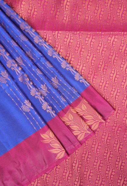 Azure Blue Soft Silk Saree with Copper Zari Stripes