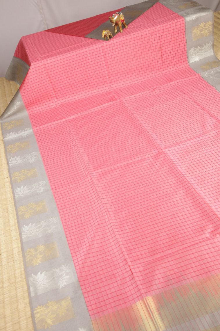 Ballet Pink Tussar Saree with Without Zari Zari Checks view 2