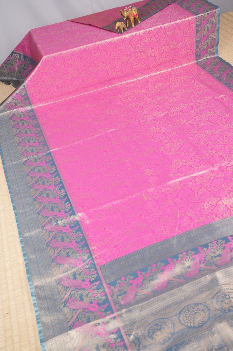 Bubblegum Pink Tissue Silk Sarees with Copper Zari Floral Patterns view 2