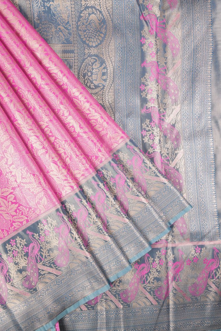 Bubblegum Pink Tissue Silk Sarees with Copper Zari Floral Patterns view 1