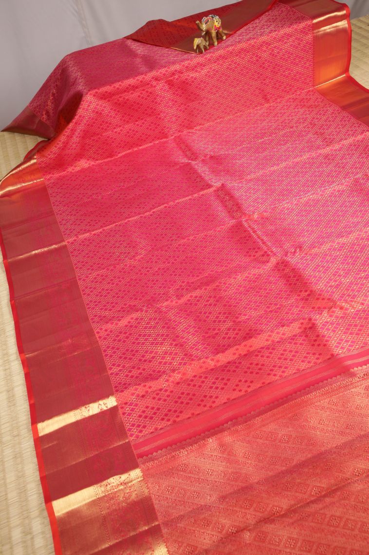 Strawberry Pink Kanchipuram Silk Sarees with Gold Zari Floral Patterns view 2