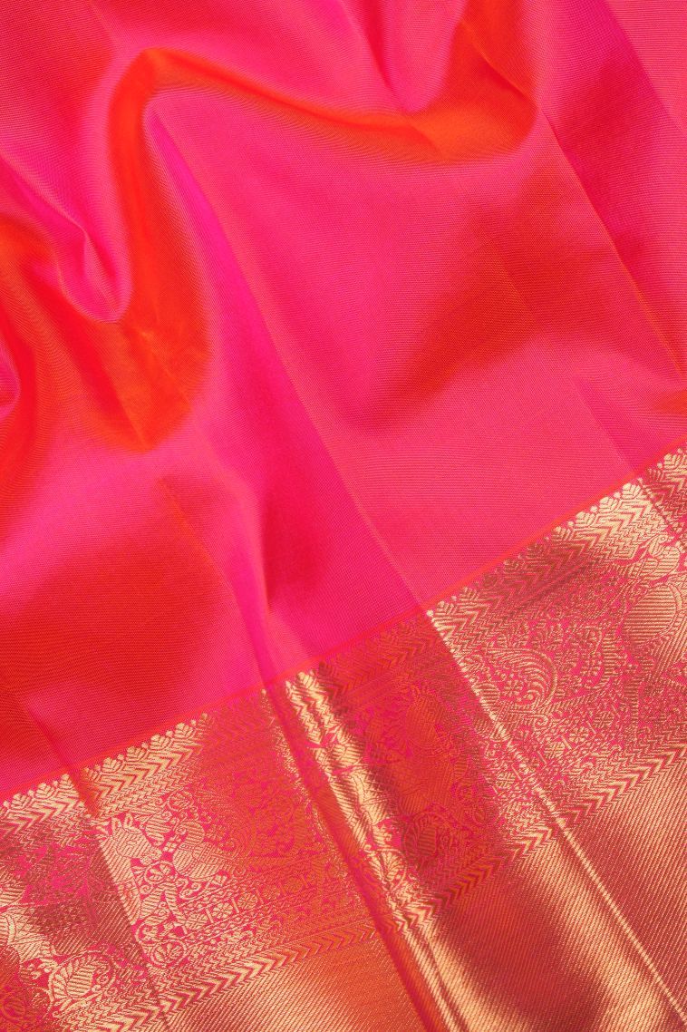 Strawberry Pink Kanchipuram Silk Sarees with Gold Zari Floral Patterns view 3