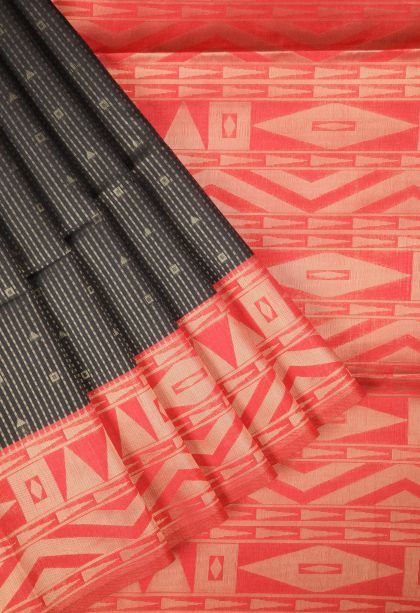 Asphalt Black Tussar Saree with Gold Zari Stripes