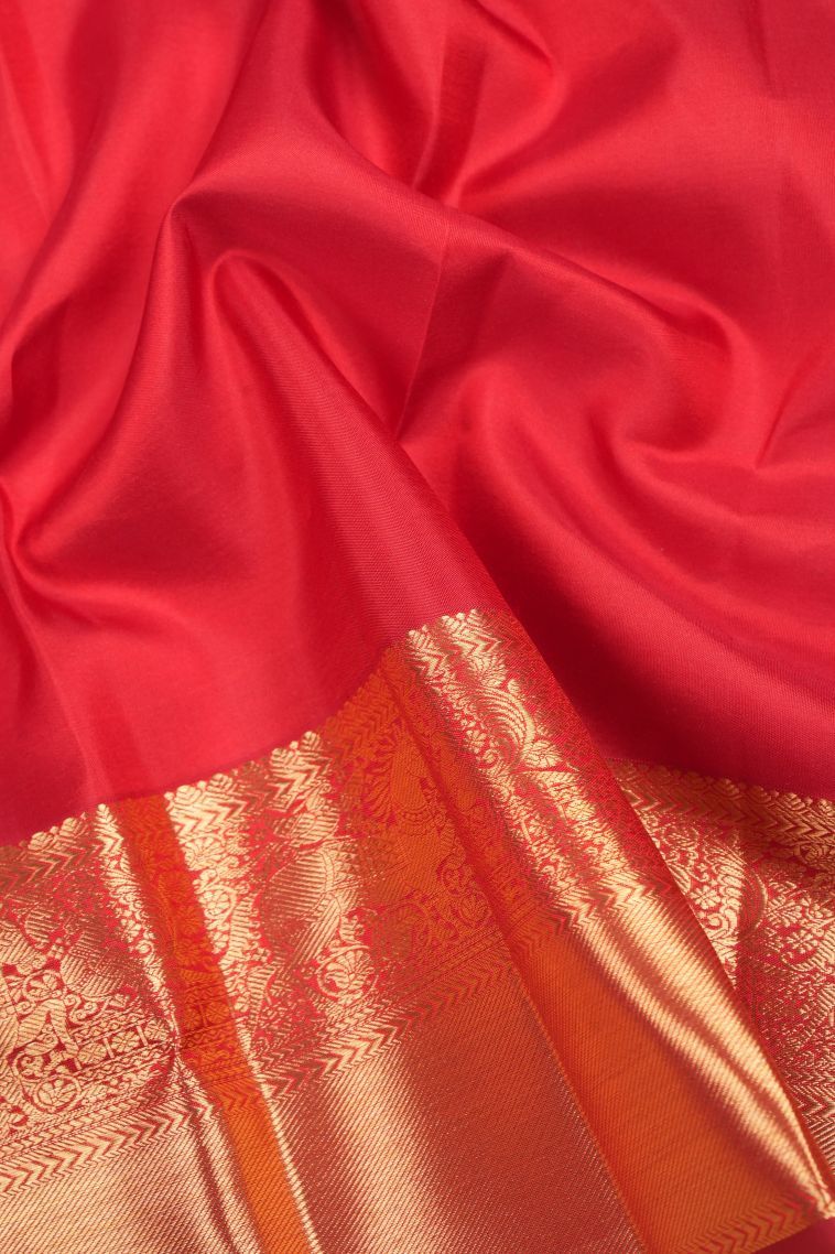 Candy Red Kanchipuram Silk Sarees with Gold Zari Floral Patterns view 3