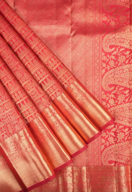 Candy Red Kanchipuram Silk Sarees with Gold Zari Floral Patterns