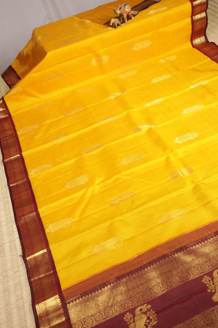 Lemon Yellow Kanchipuram Silk Sarees with Gold Zari Buttis (small Dots Or Motifs) view 2