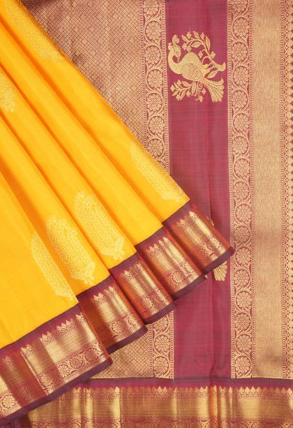Lemon Yellow Kanchipuram Silk Sarees with Gold Zari Buttis (small Dots Or Motifs)