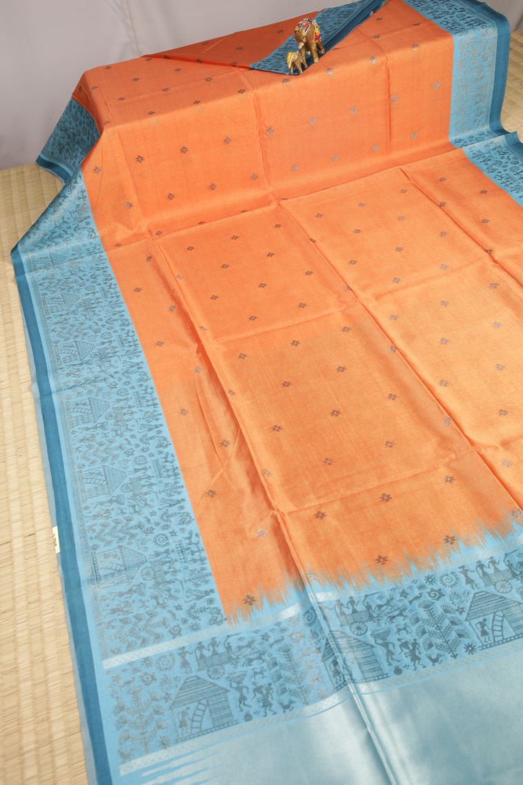 Amber Orange Tussar Saree with Bronze Zari Buttis (small Dots Or Motifs) view 2