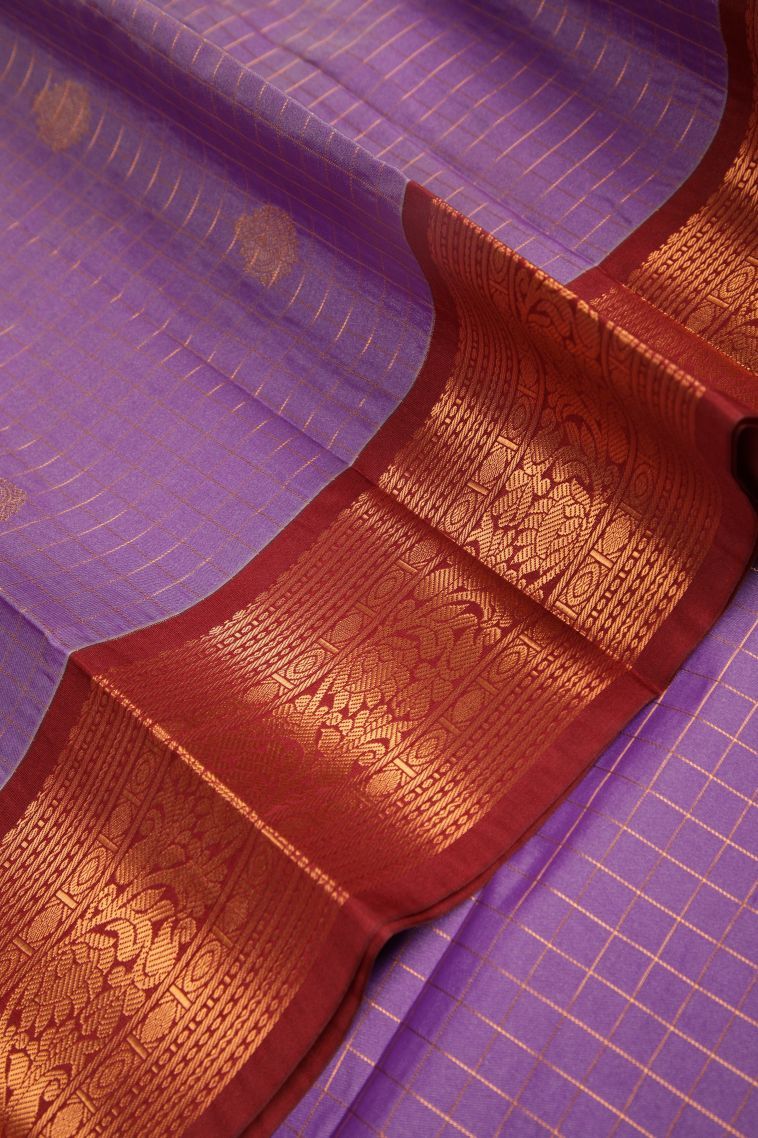 Amethyst Purple Visiri Madippu Silk Sarees with Copper Zari Checks view 4