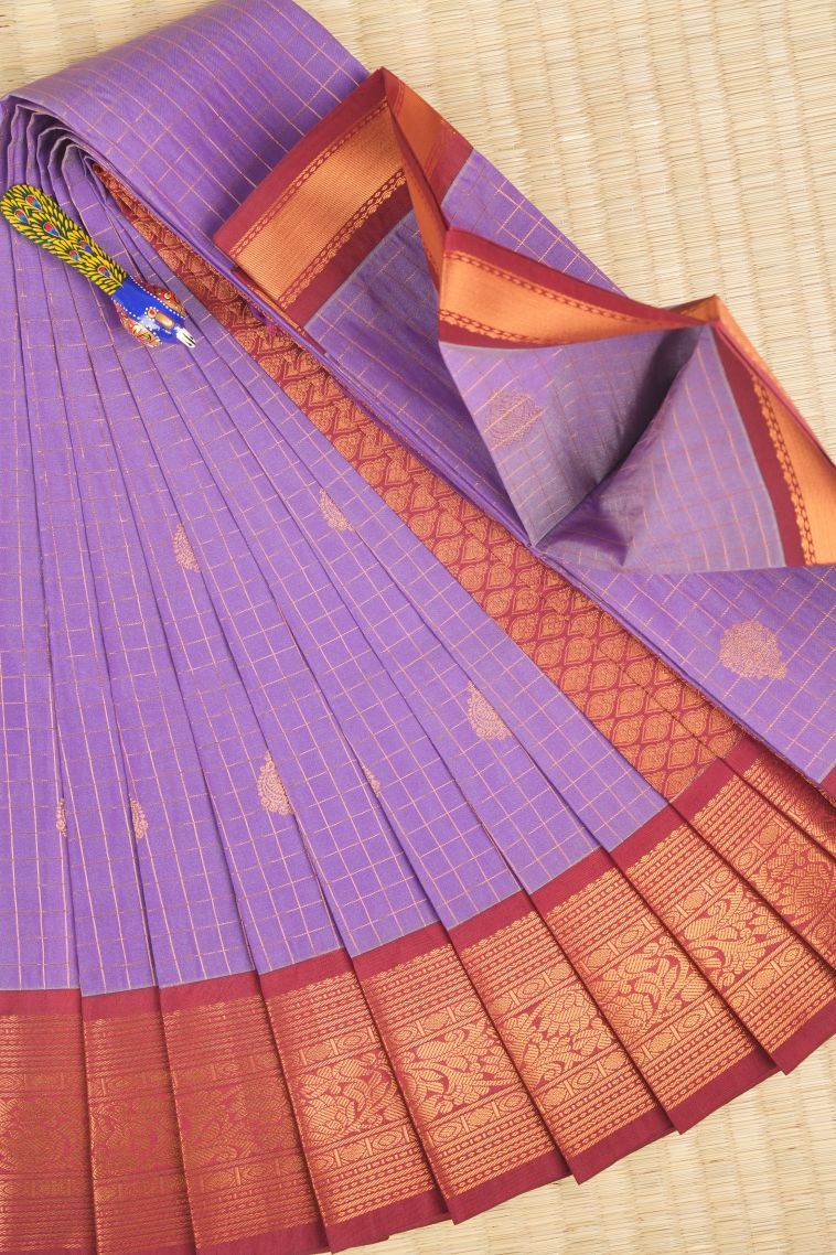 Amethyst Purple Visiri Madippu Silk Sarees with Copper Zari Checks view 1