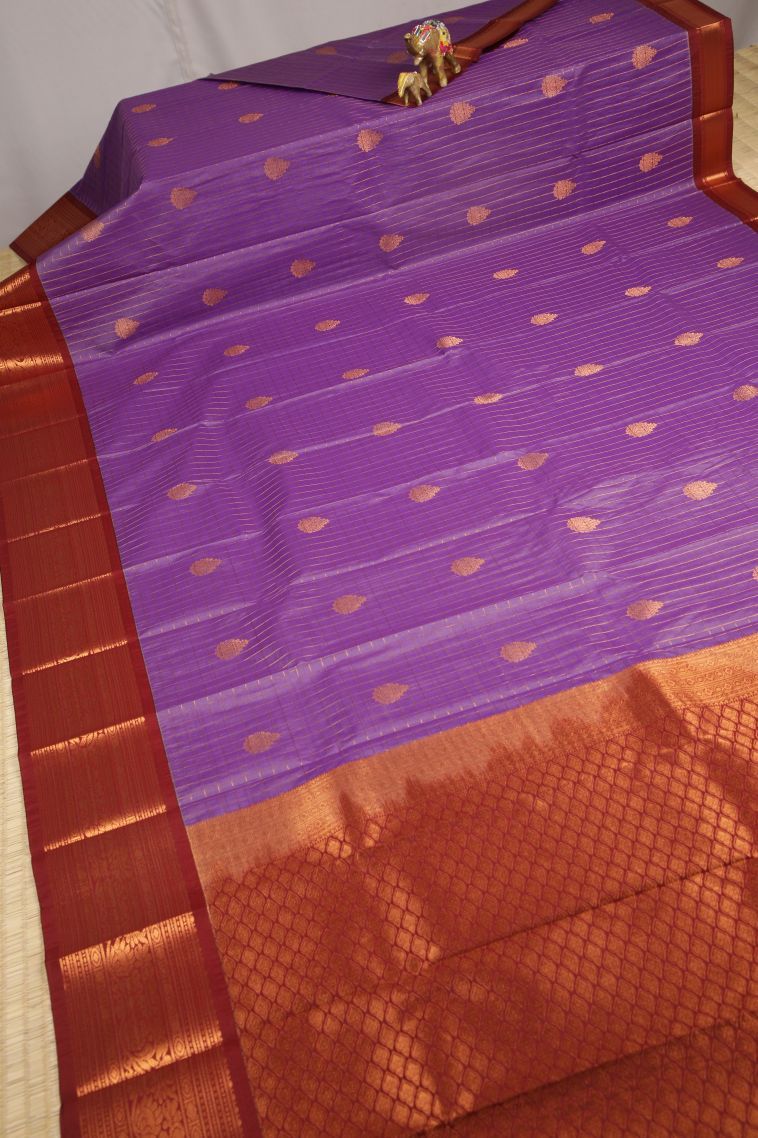 Amethyst Purple Visiri Madippu Silk Sarees with Copper Zari Checks view 2
