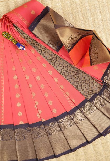 Peach Pink Visiri Madippu Silk Sarees with Copper Zari Stripes