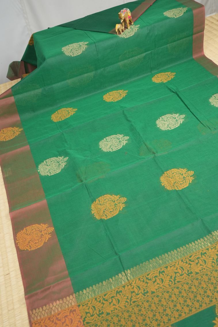 Basil Green Kovai Cotton Sarees with Without Zari Zari Buttis (small Dots Or Motifs) view 2