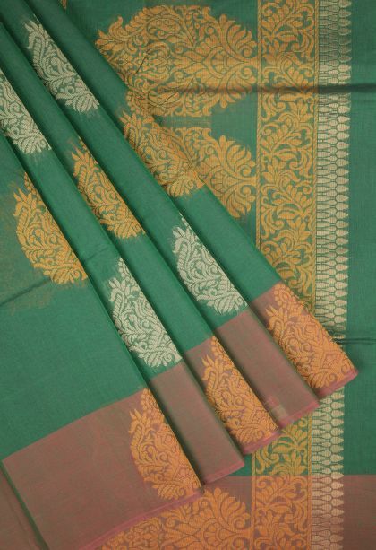 Basil Green Kovai Cotton Sarees with Without Zari Zari Buttis (small Dots Or Motifs)