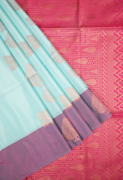 Arctic Blue Soft Silk Saree with Copper Zari Buttis (small Dots Or Motifs)